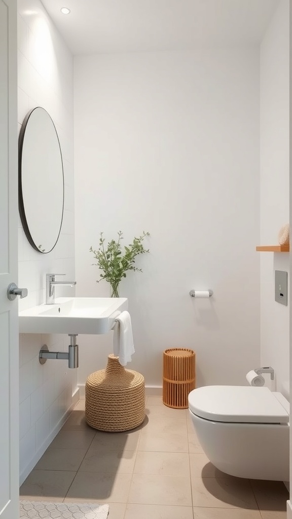 A minimalist Scandinavian bathroom featuring a round mirror, a sink, and natural decor elements.