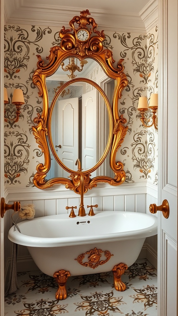A luxurious bathroom featuring a vintage Rococo style with an ornate gold mirror, elegant bathtub, and intricate wallpaper.