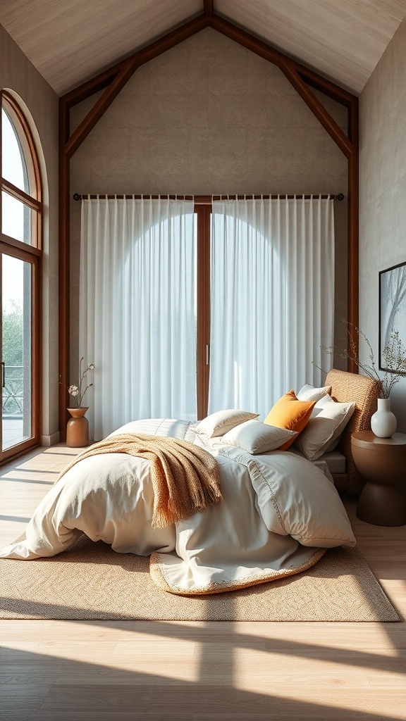 A cozy Japandi bedroom featuring elegant bedding in soft neutral tones, with a fluffy comforter and accent pillows.