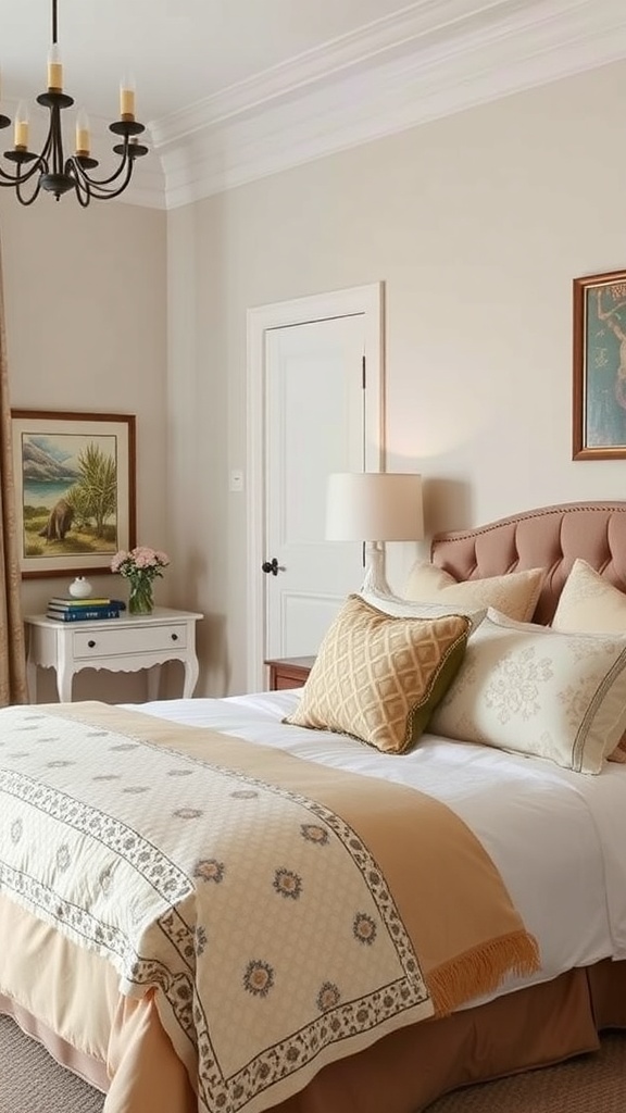Cozy bedroom with elegant bedding, featuring a mix of textures and soft colors.