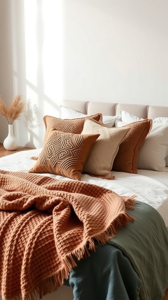 Stylishly layered bedding with textured throws and decorative pillows.