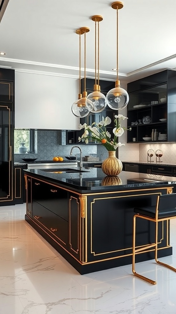 A luxurious kitchen island featuring a black surface with gold accents, complemented by stylish pendant lighting and fresh flowers.