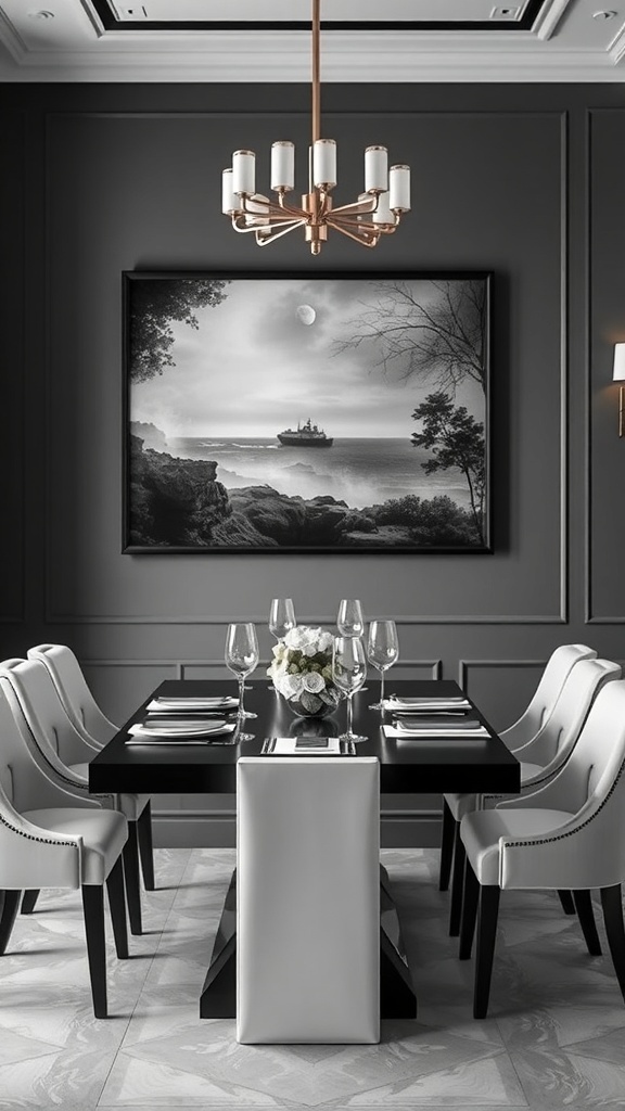 Elegant black and white photography of a ship at sea in a modern dining room