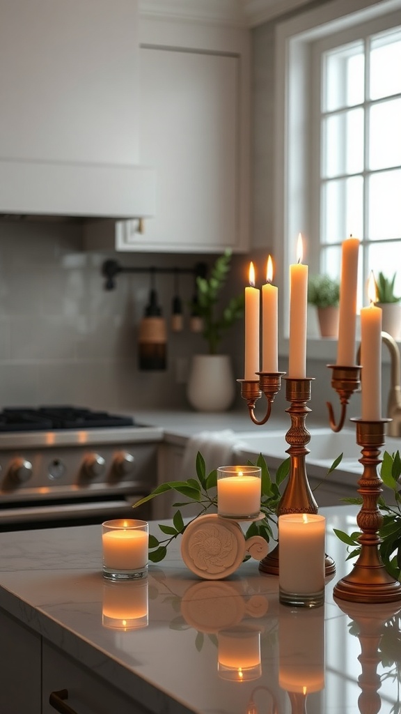 A stylish kitchen countertop with elegant candle arrangements, featuring tall candlesticks and smaller glass candles, complemented by greenery.