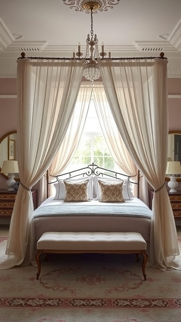 A luxurious bedroom featuring an elegant canopy bed with soft curtains, plush pillows, and a stylish bench.