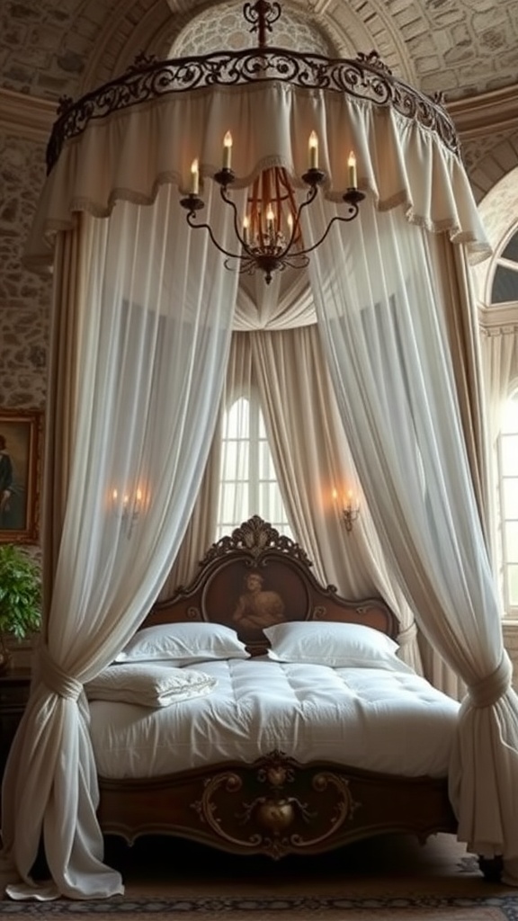 A luxurious canopy bed with flowing drapes and elegant decor.