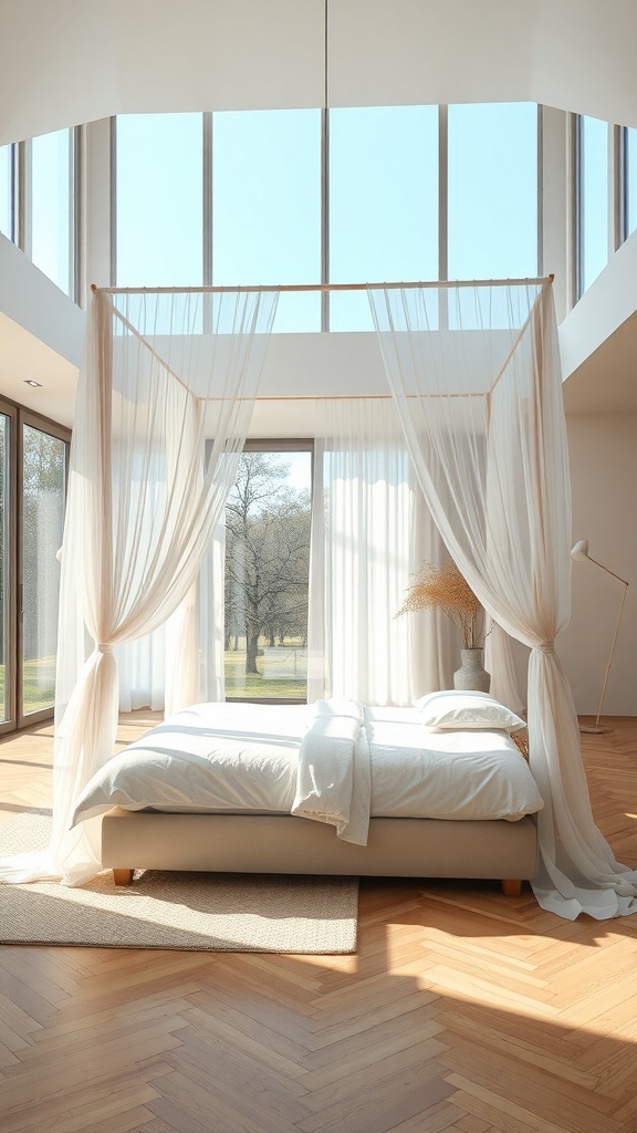 A beautifully designed bedroom featuring a canopy bed with sheer drapes, large windows, and wooden flooring.