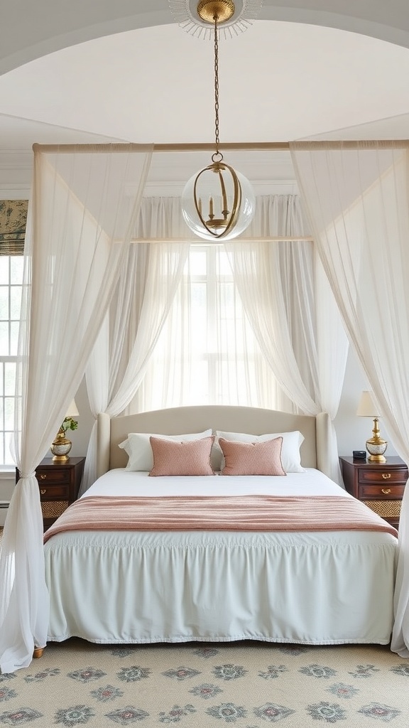 A beautifully designed bedroom featuring a canopy bed with sheer drapes, soft pillows, and elegant lighting.