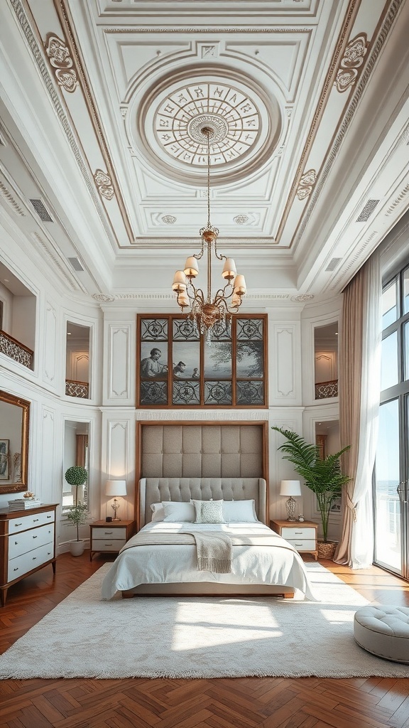 A luxurious bedroom featuring an elegant ceiling design with intricate moldings and a chandelier.
