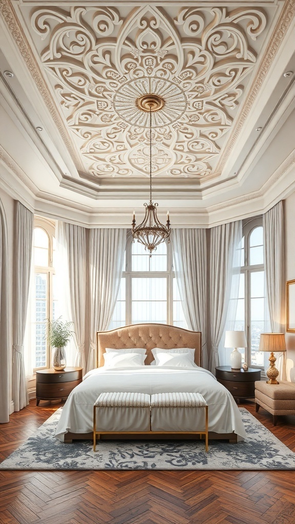 A luxurious bedroom featuring an intricate ceiling design with a chandelier, large windows, and elegant furnishings.