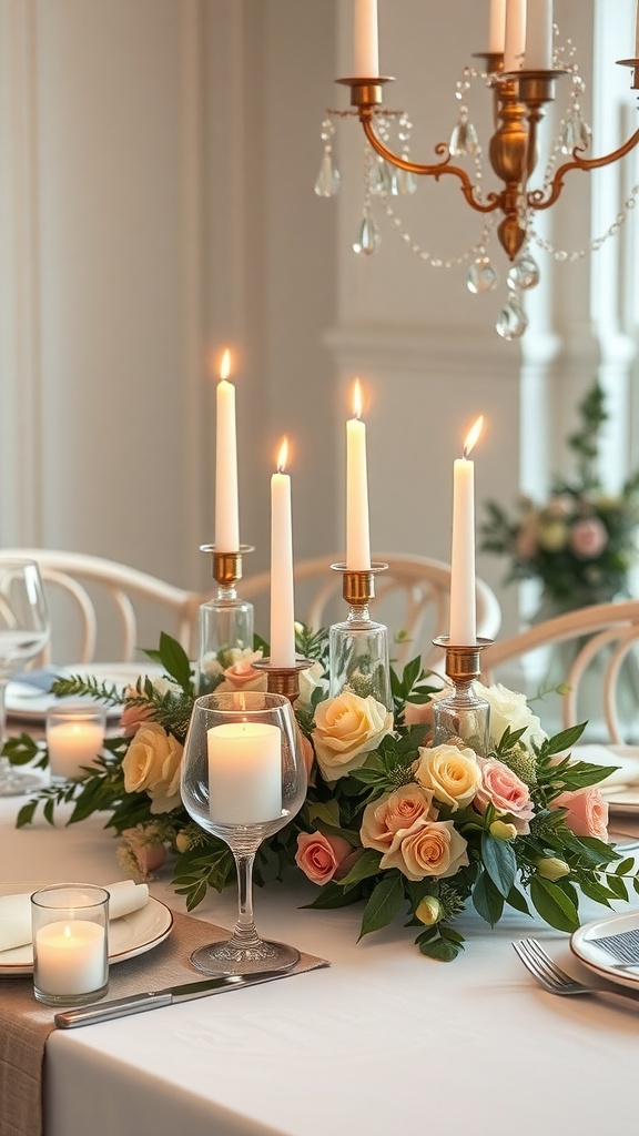 A beautifully arranged dining table centerpiece featuring pastel roses, greenery, and tall candles.