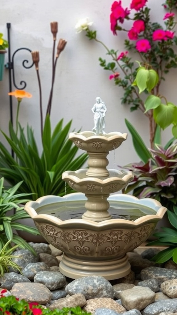 A three-tiered ceramic bowl fountain with a statue in the center, surrounded by colorful flowers and greenery.