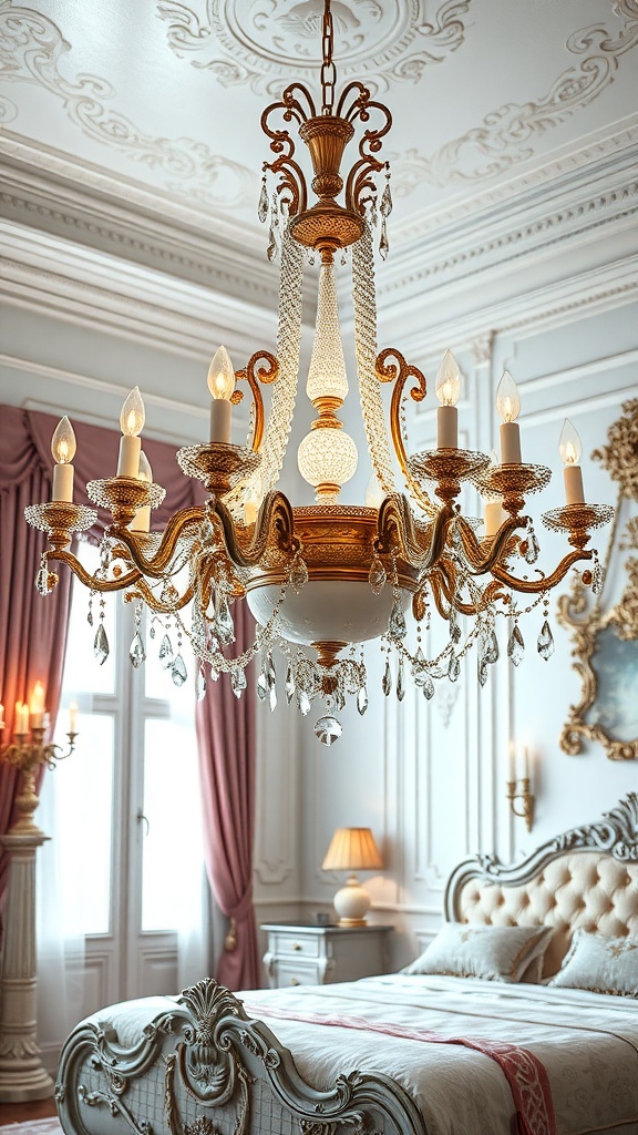 A stunning chandelier hanging in a romantic Rococo bedroom, featuring intricate designs and soft lighting.