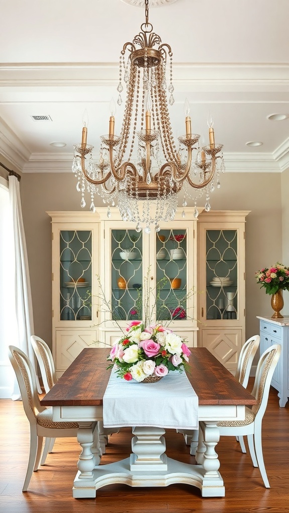 A beautiful chandelier with crystals hanging above a rustic wooden dining table, surrounded by elegant chairs and a floral centerpiece.