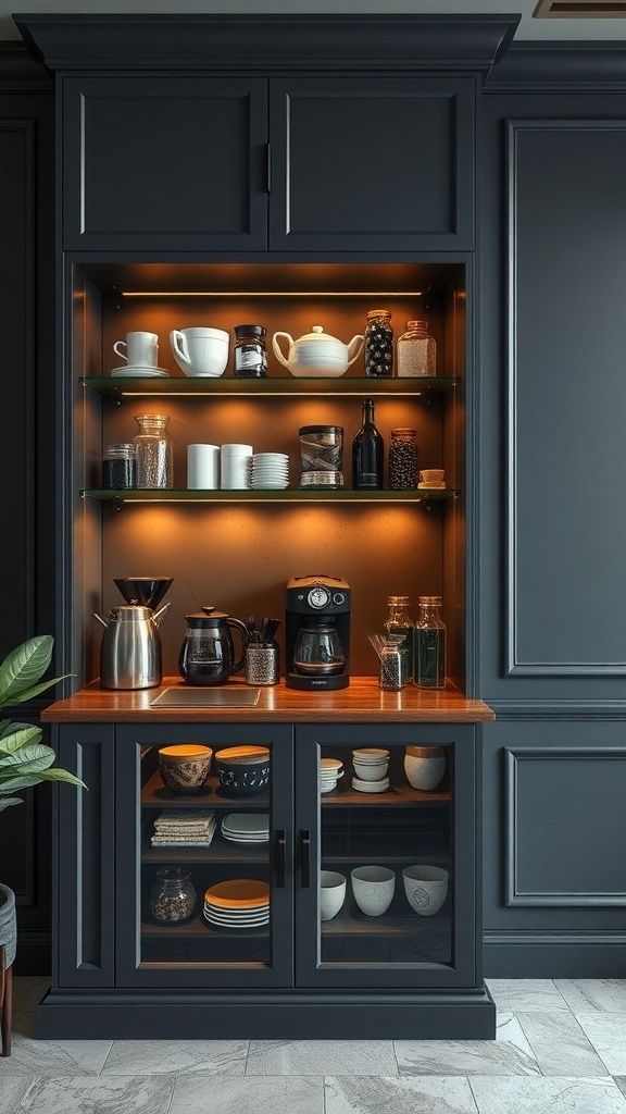 A stylish coffee station with glass front showcasing coffee accessories and a coffee maker.