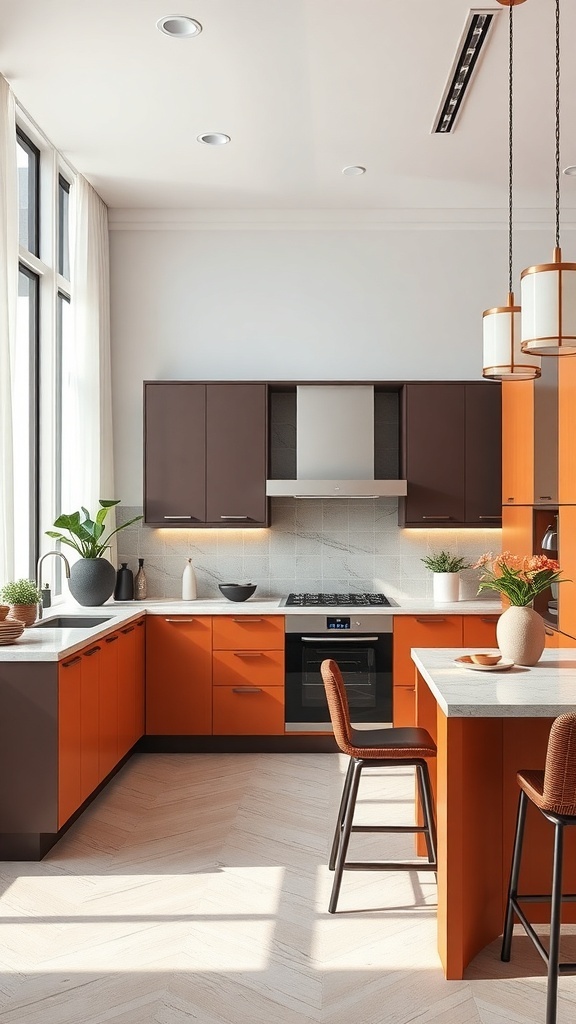 A modern kitchen featuring color-blocked design with orange and brown cabinets.