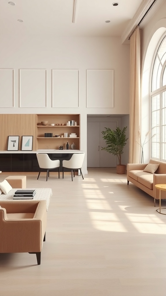 A bright and airy interior space featuring neutral tones, light wood accents, and large windows.