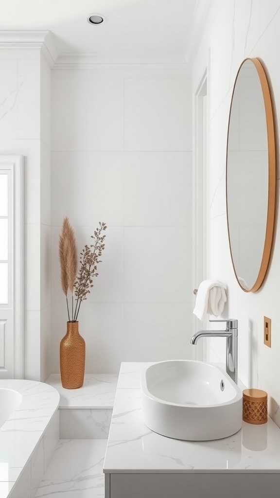 A modern bathroom featuring white walls, a marble sink, and a terracotta vase with dried flowers.