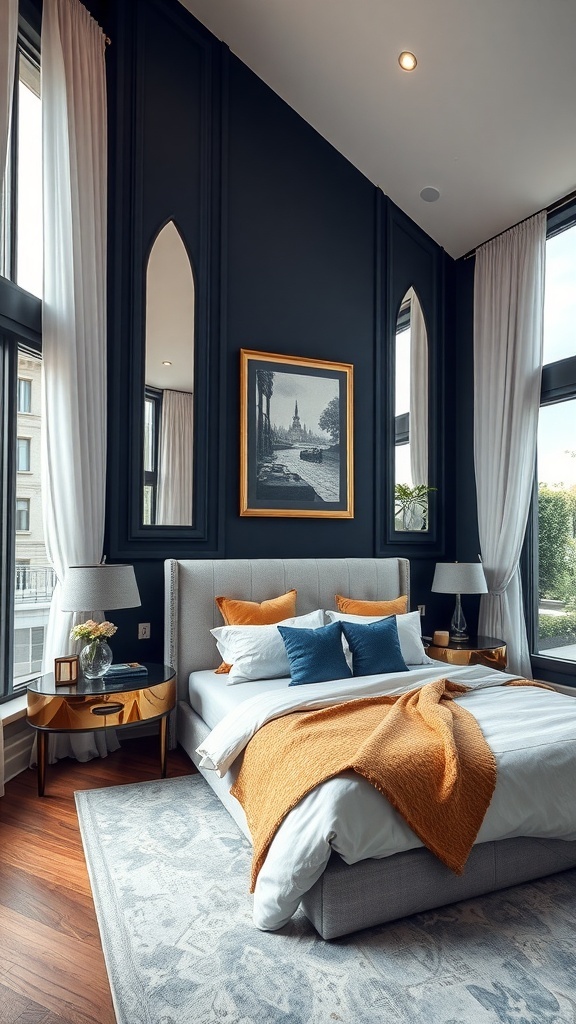 A luxurious bedroom featuring navy walls, large windows, and a cozy bed with colorful pillows.
