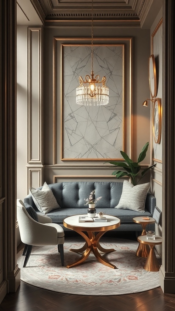 Cozy coffee nook featuring a tufted gray sofa, gold accent table, and elegant chandelier.