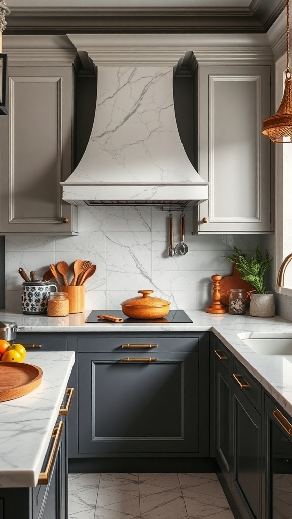 A modern kitchen featuring a marble countertop, white cabinetry, and wooden accents.