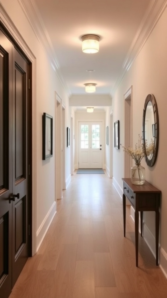 A hallway featuring elegant crown molding, warm wood tones, and stylish light fixtures.