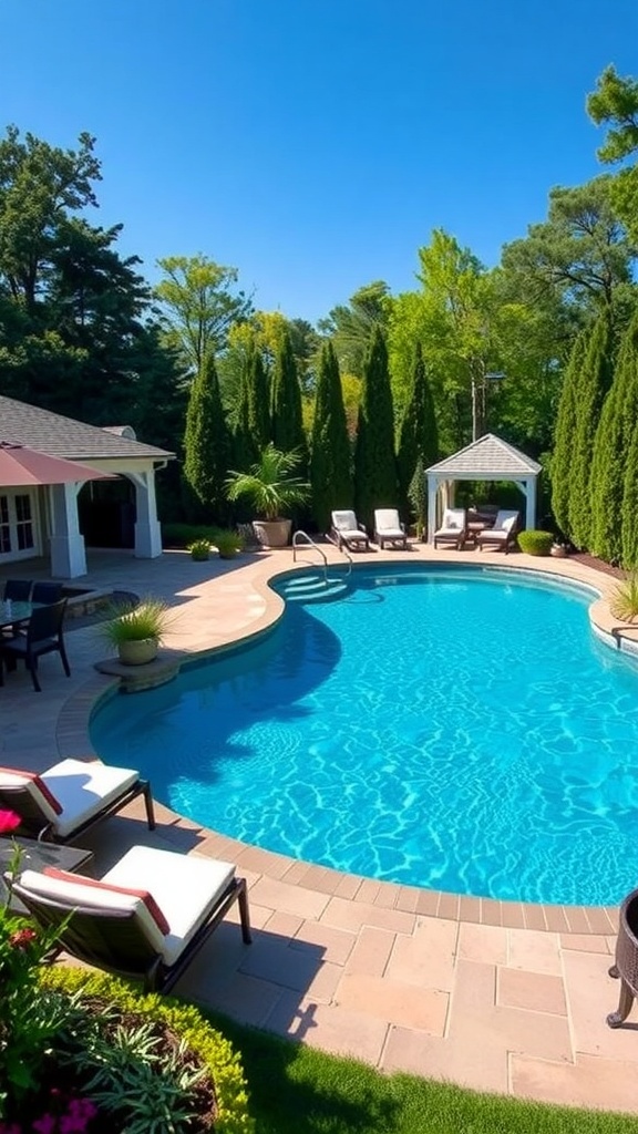 Curved above ground pool surrounded by greenery and lounge chairs