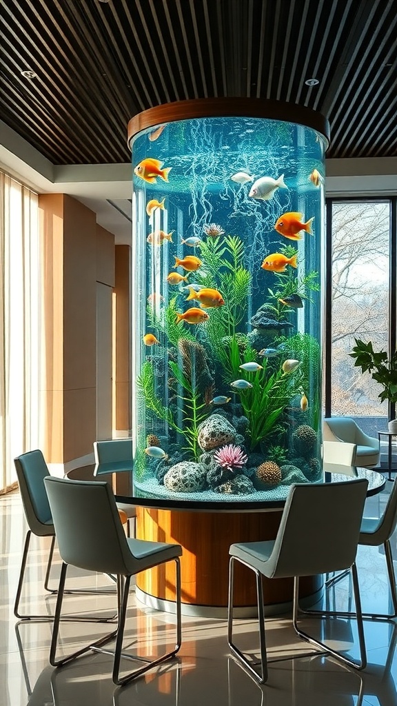 A cylindrical aquarium filled with colorful fish and aquatic plants, placed in a modern dining area.