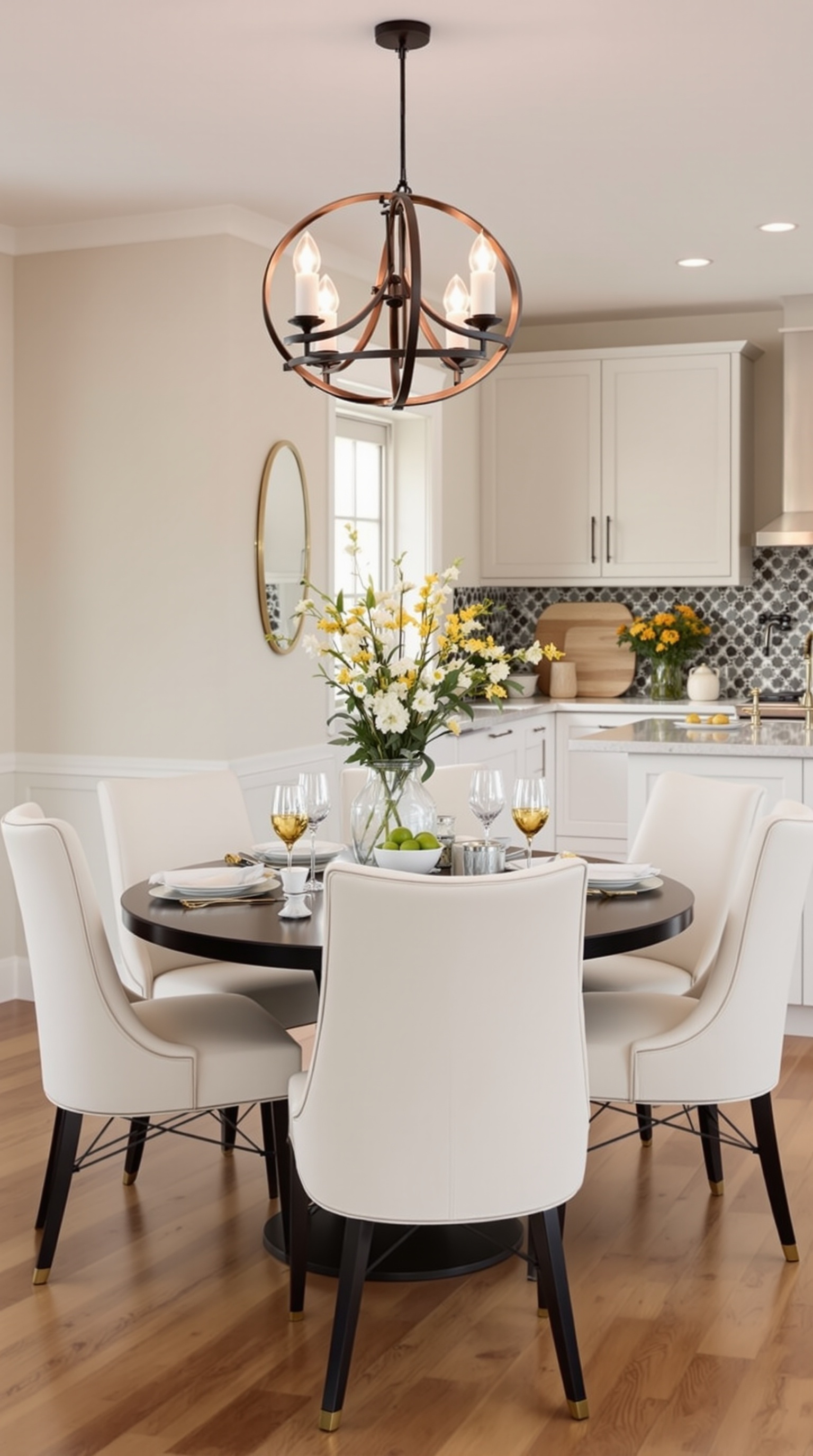 Bright dining area with a white table and light wooden chairs next to a kitchen, featuring a large window and a potted plant.