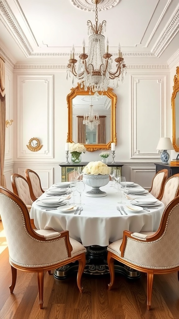 Elegant dining room featuring a chandelier, ornate mirrors, and plush seating.