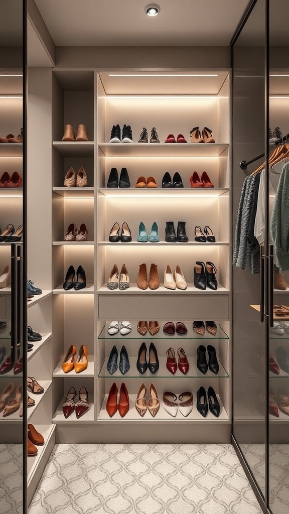 A well-organized shoe display in a walk-in closet with various styles and colors illuminated by soft lighting.