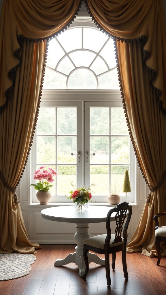 Elegant golden drapery framing a window with a round table and floral arrangements.