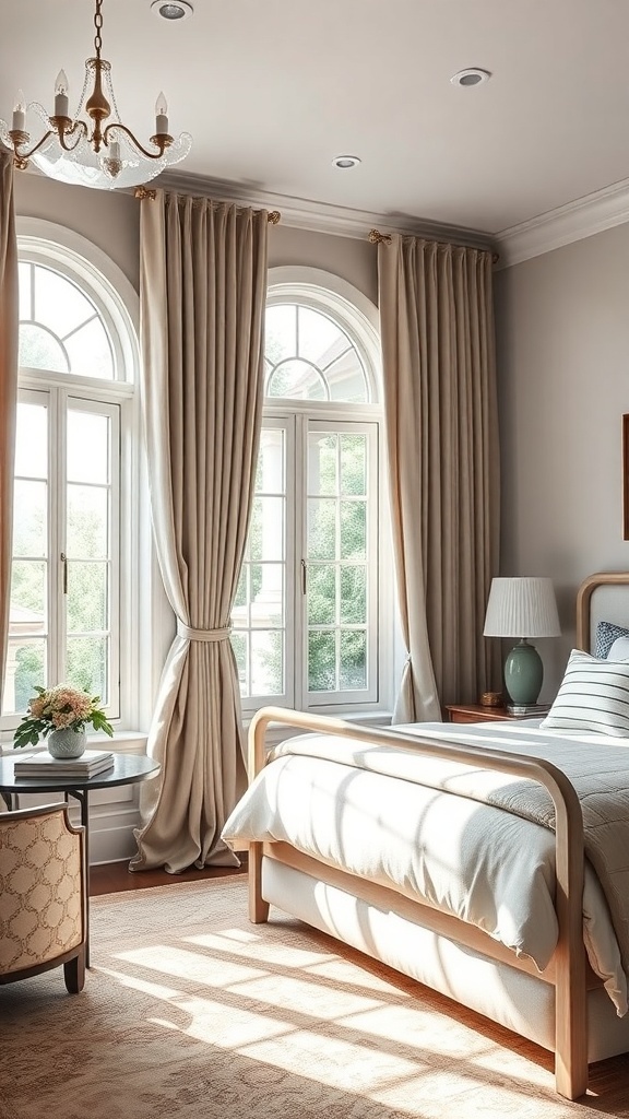 A beautifully decorated bedroom with elegant drapery and curtains framing large windows, showcasing a cozy and sophisticated atmosphere.