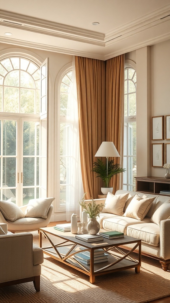 A cozy Art Deco living room with golden drapes, large windows, and a stylish coffee table.