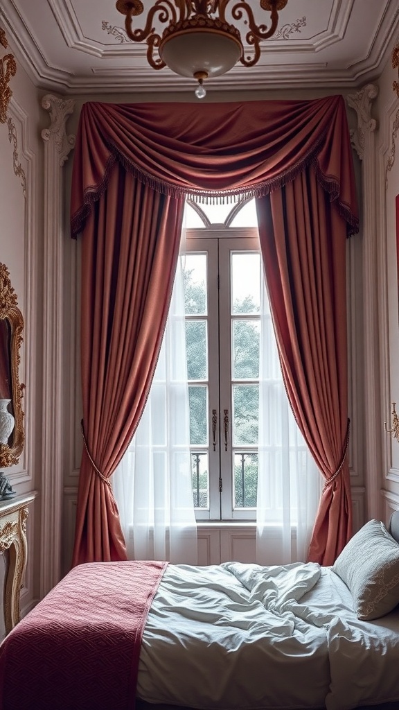 A romantic bedroom featuring elegant drapery in soft colors, enhancing the vintage decor.