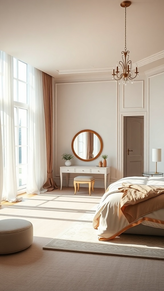Bright and elegant bedroom with a dressing area featuring a round mirror, dresser, and natural light from large windows.