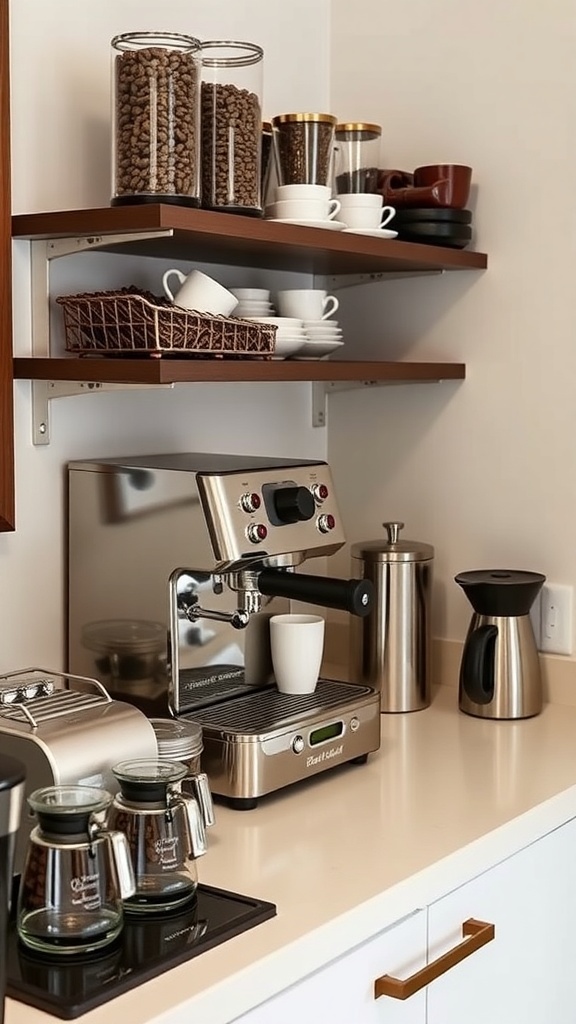 A stylish espresso station featuring a coffee machine, jars of coffee beans, and neatly arranged cups on open shelves.