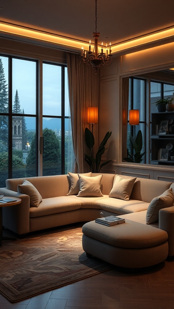 Stylish sunken sofa setup in an elegant evening lounge with soft lighting and a view.