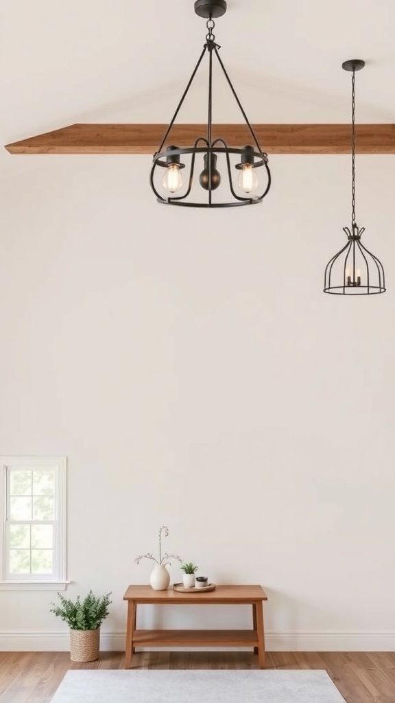 Two farmhouse style lighting fixtures in a bright room