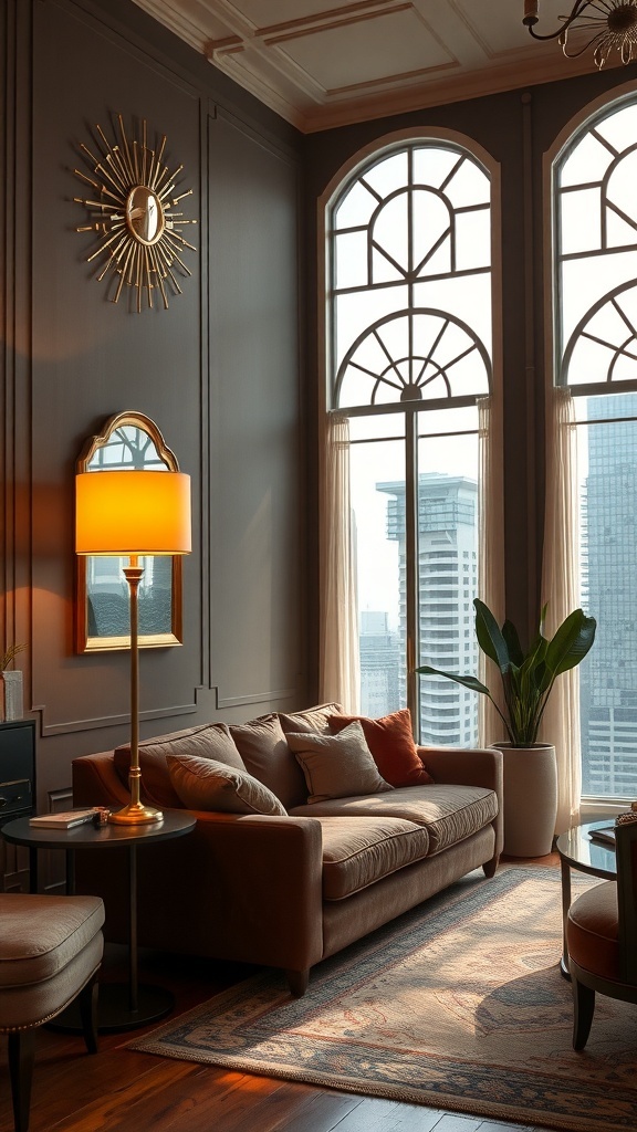 Elegante Stehlampe in einem stilvollen Wohnzimmer mit Jewel-Tönen und geometrischen Akzenten