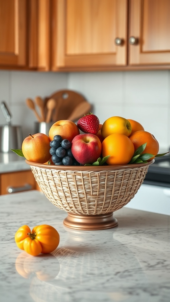 A woven fruit bowl filled with oranges, apples, strawberries, and blueberries on a kitchen countertop.