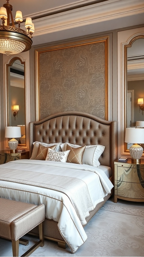 Luxurious modern bedroom with a plush bed, tufted bench, and stylish nightstands