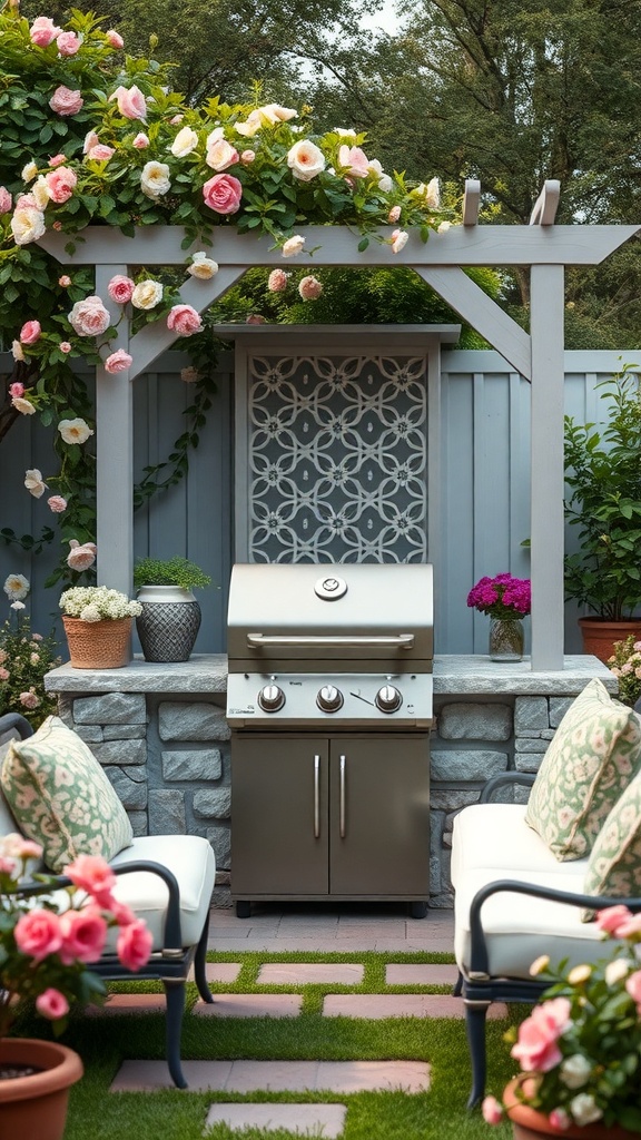 An elegant outdoor grill setup surrounded by flowers and comfortable seating.