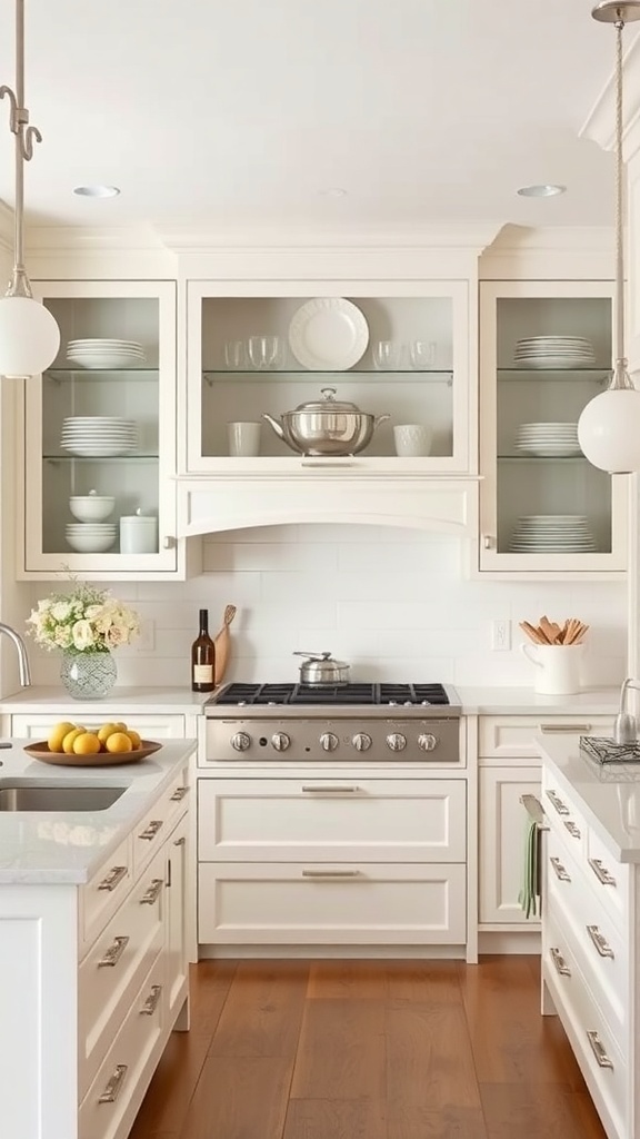 A kitchen featuring elegant glass-front cabinets with white cabinetry and warm wood floors.