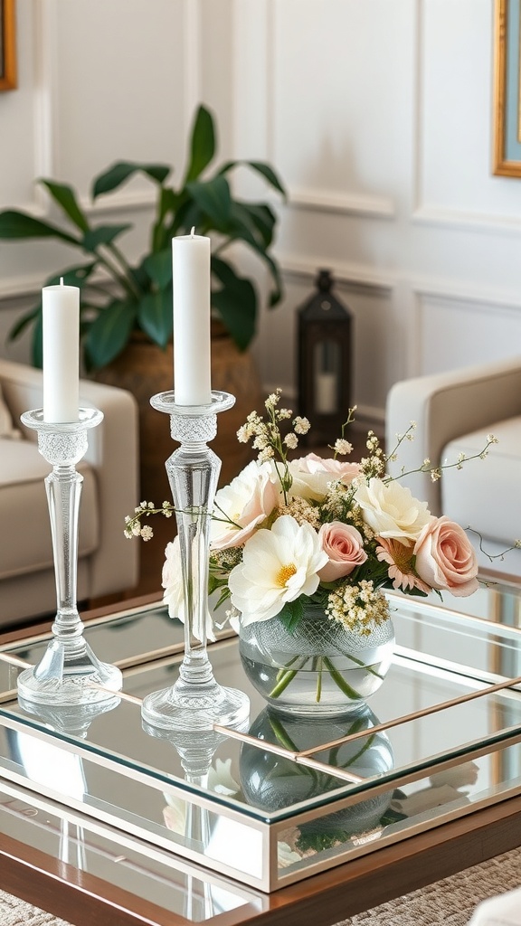A coffee table arrangement featuring a glass vase with pink roses and white flowers, flanked by crystal candle holders with white candles.