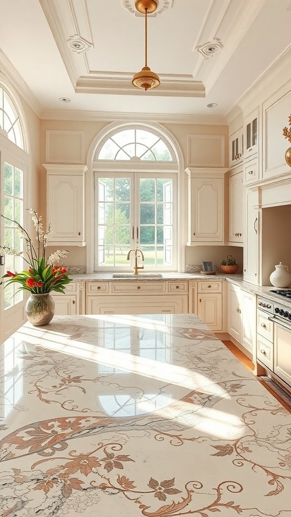 A kitchen with a granite countertop featuring intricate floral patterns, warm tones, and natural light illuminating the space.