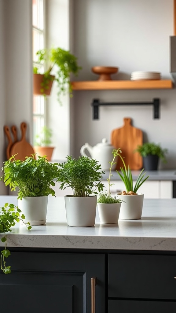 A stylish kitchen countertop with pots of fresh herbs like cilantro, parsley, and small plants, set against a modern kitchen backdrop.