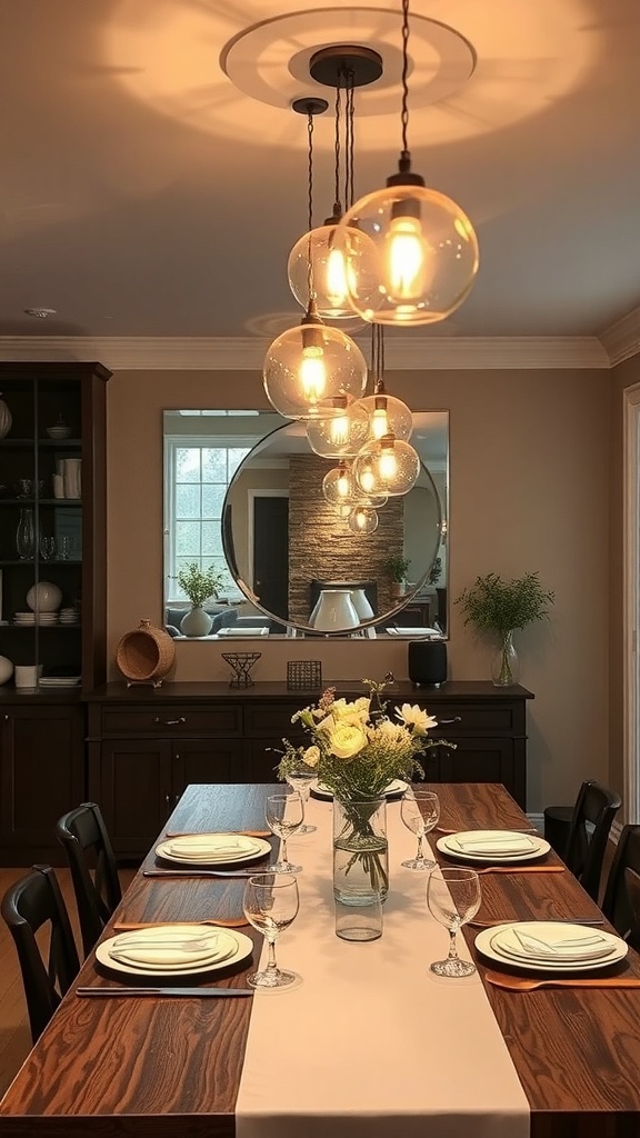 A modern dining area featuring a geometric pendant light above a wooden table with white chairs and a vase of flowers.