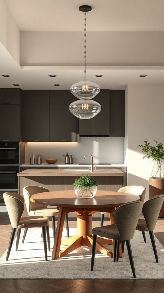 A modern dining area featuring a stylish glass pendant light above a round wooden table with beige chairs.
