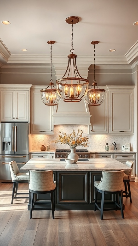 A modern kitchen featuring elegant hanging light fixtures over a central island.